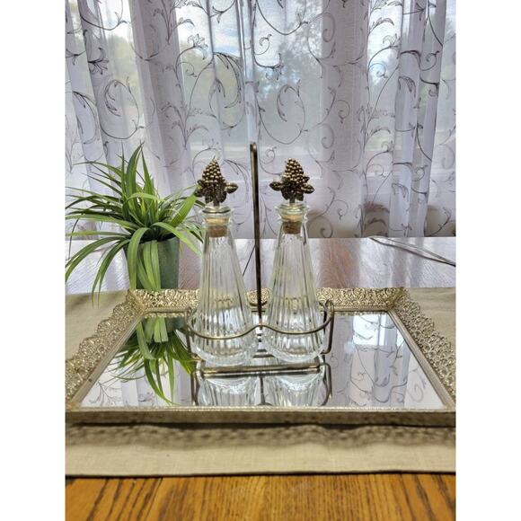 Vintage Mikasa Cruet Set, Oil & Vinegar, Grape Stopper, Silver Plate Holder - Picture 1 of 7